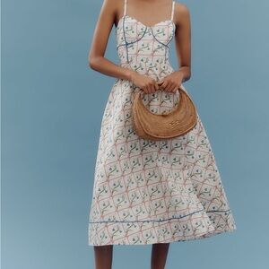 Anthropologie Cream Midi Dress with Blue and Green Tile Floral Print